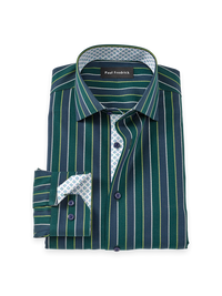 Non-Iron Cotton Stripe Dress Shirt With Contrast Trim - Green