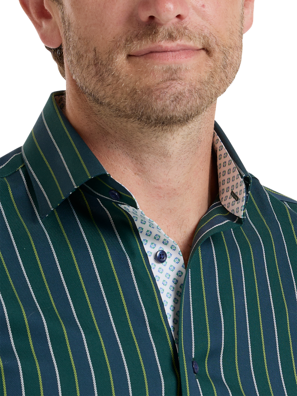 Alternate Shot of Men's Green Stripe Shirts Trim Inside Neckband  Inside Cuffs  Button Side Of Placket - 2