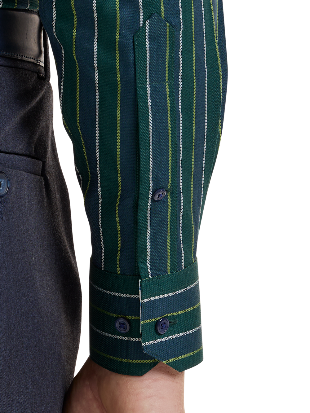 Alternate Shot of Men's Green Stripe Shirts Trim Inside Neckband  Inside Cuffs  Button Side Of Placket - 3