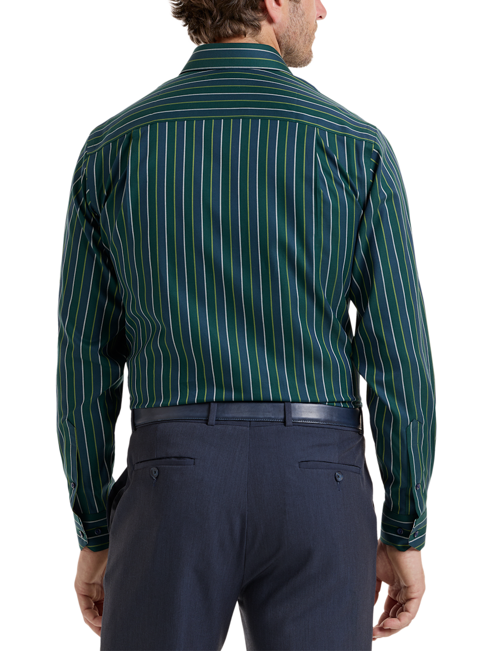 Alternate Shot of Men's Green Stripe Shirts Trim Inside Neckband  Inside Cuffs  Button Side Of Placket - 4
