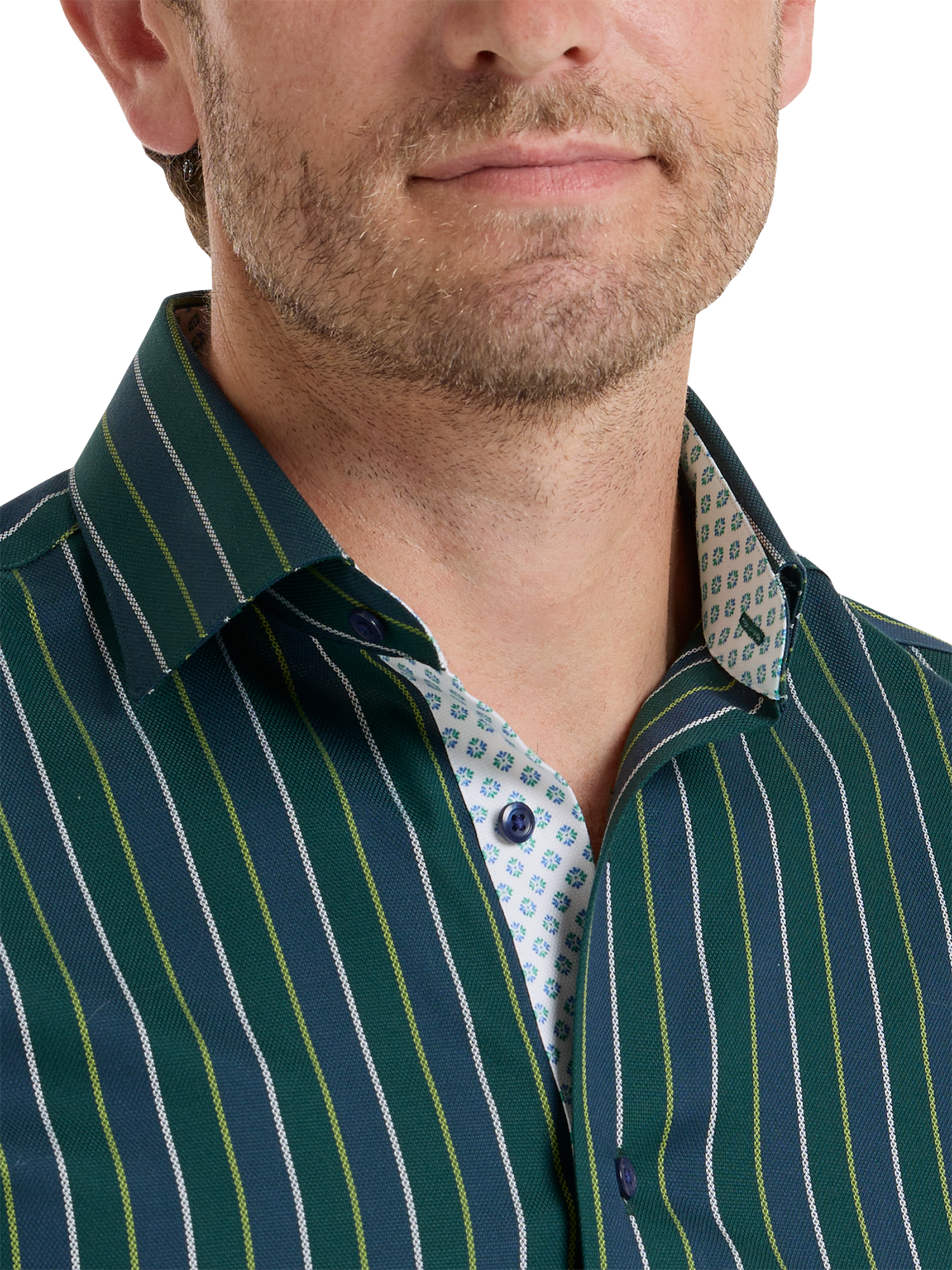 Non-Iron Cotton Stripe Dress Shirt With Contrast Trim - Green