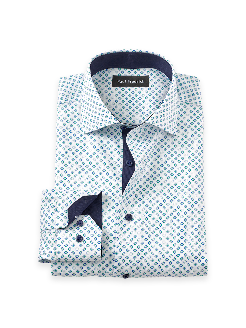 Men's Navy/Green Geometric Shirts Trim Inside Neckband  Inside Cuffs  Button Side Of Placket