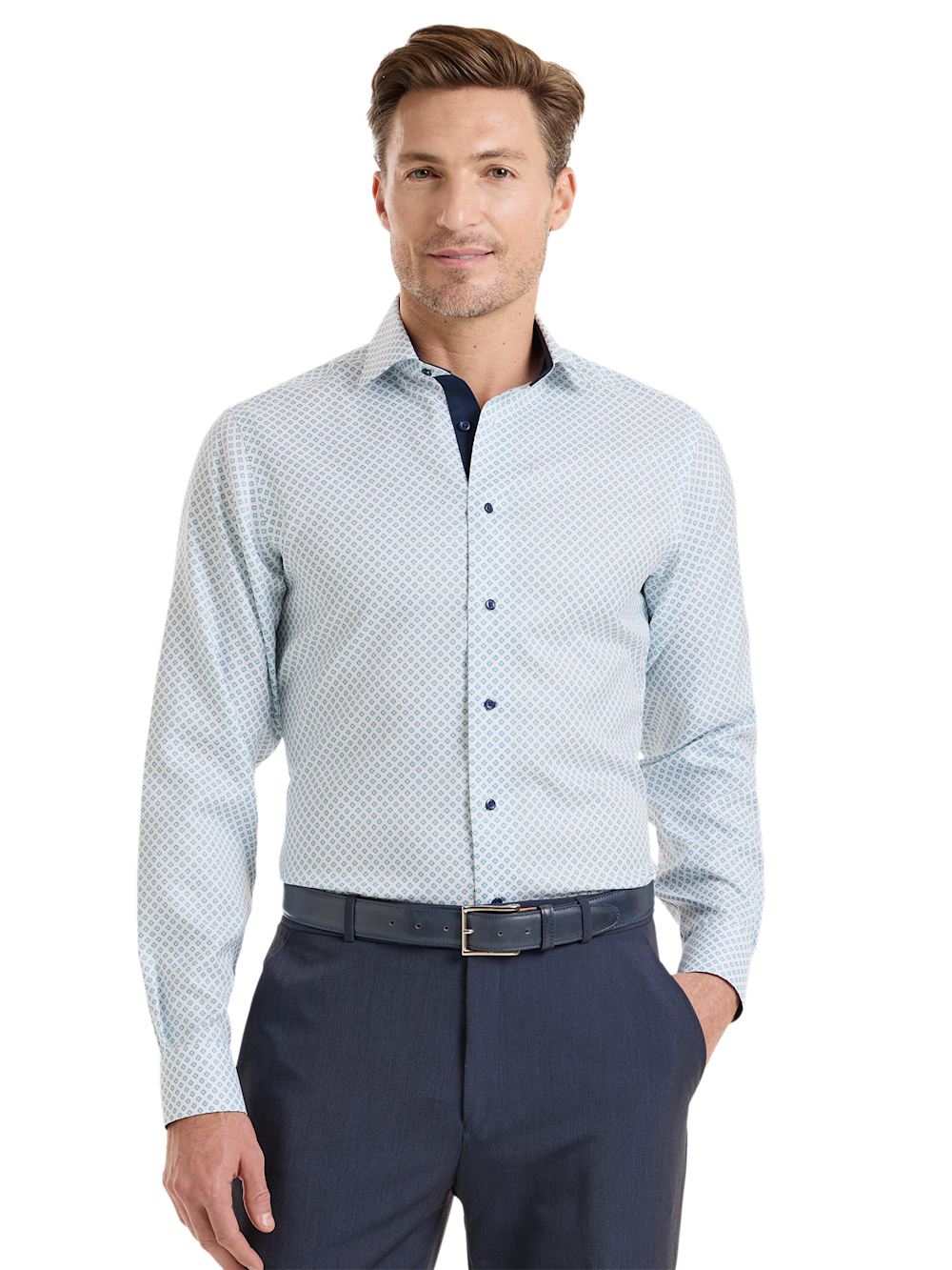 Alternate Shot of Men's Navy/Green Geometric Shirts Trim Inside Neckband  Inside Cuffs  Button Side Of Placket