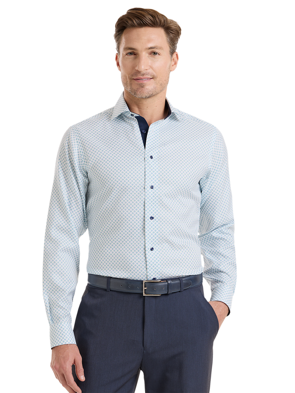 Alternate Shot of Men's Navy/Green Geometric Shirts Trim Inside Neckband  Inside Cuffs  Button Side Of Placket