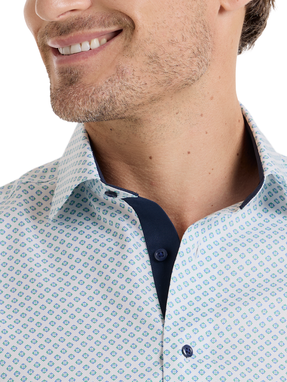 Alternate Shot of Men's Navy/Green Geometric Shirts Trim Inside Neckband  Inside Cuffs  Button Side Of Placket - 2