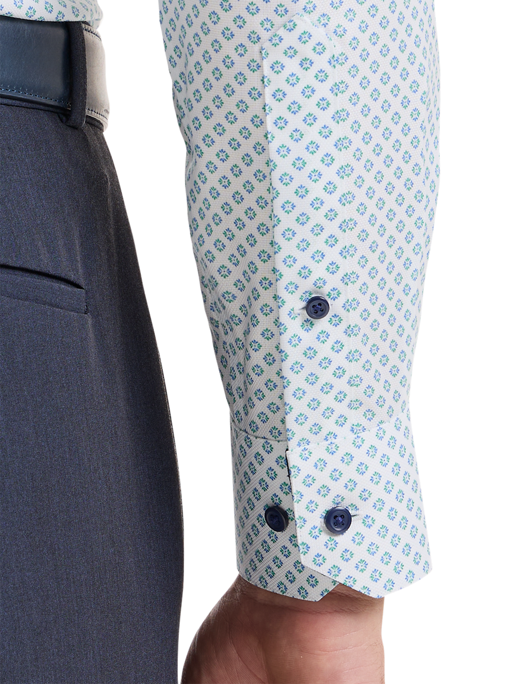 Alternate Shot of Men's Navy/Green Geometric Shirts Trim Inside Neckband  Inside Cuffs  Button Side Of Placket - 3
