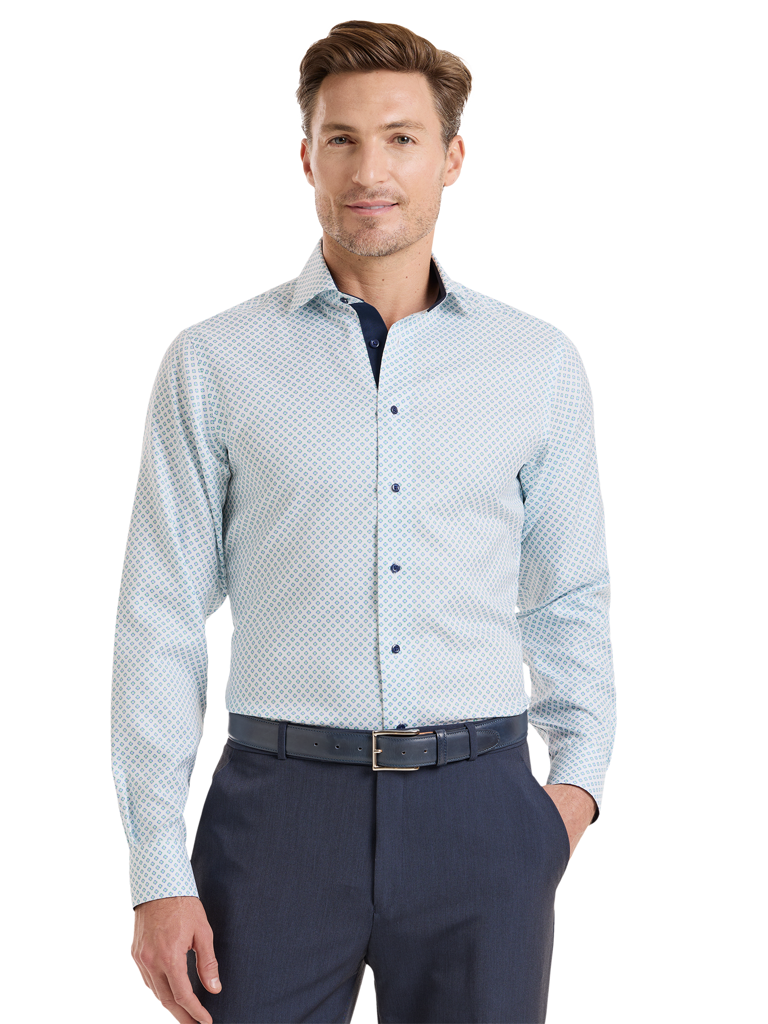 Non-Iron Cotton Geometric Dress Shirt With Contrast Trim - Navy/green