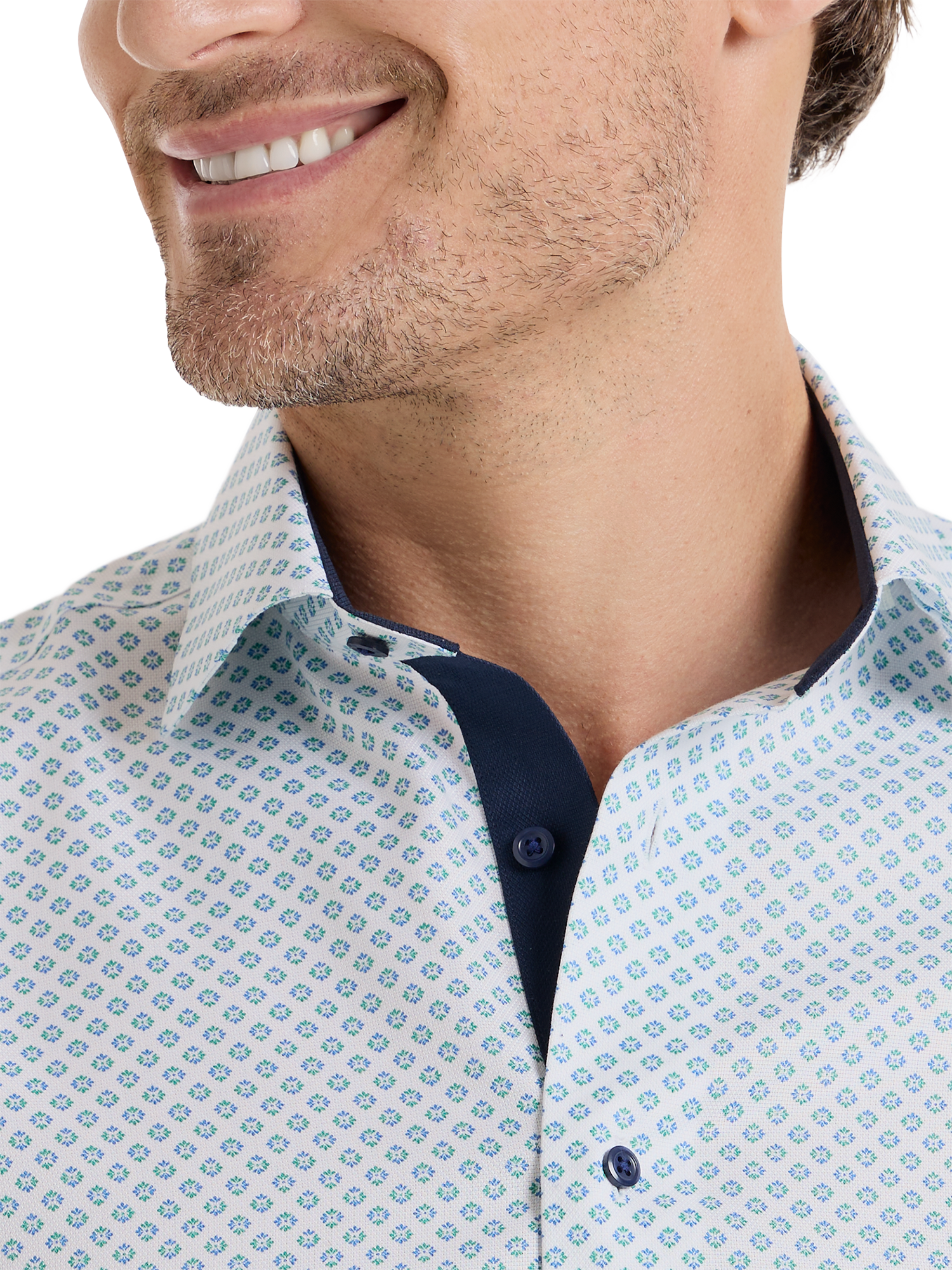 Non-Iron Cotton Geometric Dress Shirt With Contrast Trim - Navy/green