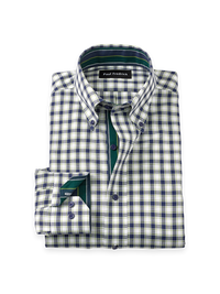 Non-Iron Cotton Check Dress Shirt With Contrast Trim - Navy/green