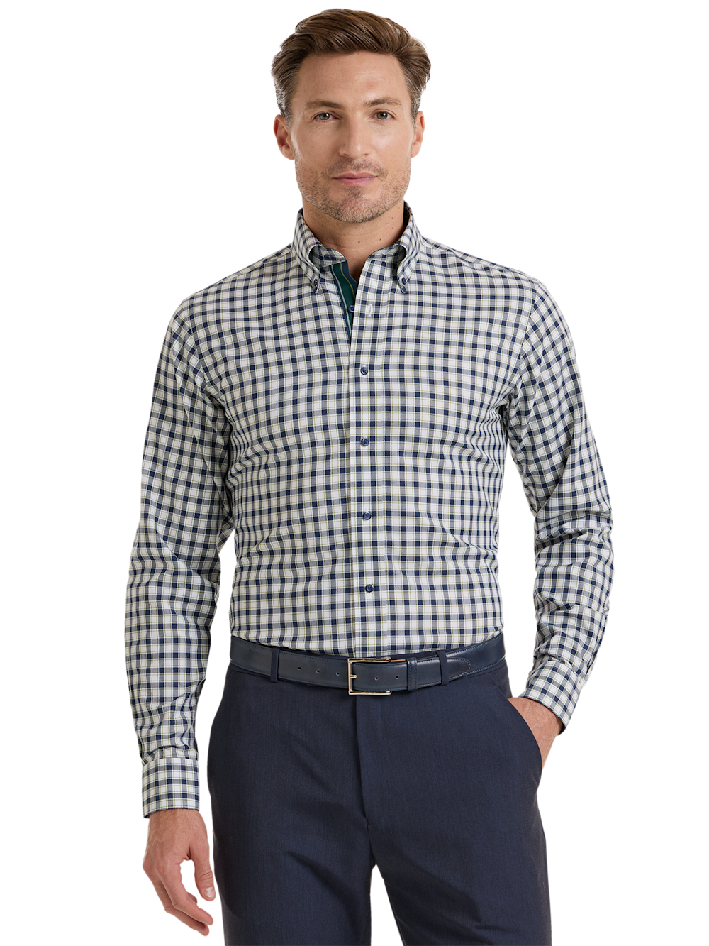 Alternate Shot of Men's Navy/Green Check Shirts Trim Inside Neckband  Inside Cuffs  Button Side Of Placket
