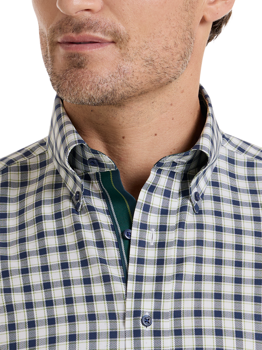 Alternate Shot of Men's Navy/Green Check Shirts Trim Inside Neckband  Inside Cuffs  Button Side Of Placket - 2