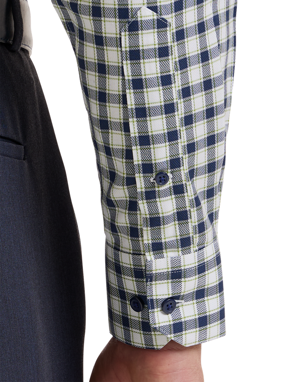 Alternate Shot of Men's Navy/Green Check Shirts Trim Inside Neckband  Inside Cuffs  Button Side Of Placket - 3