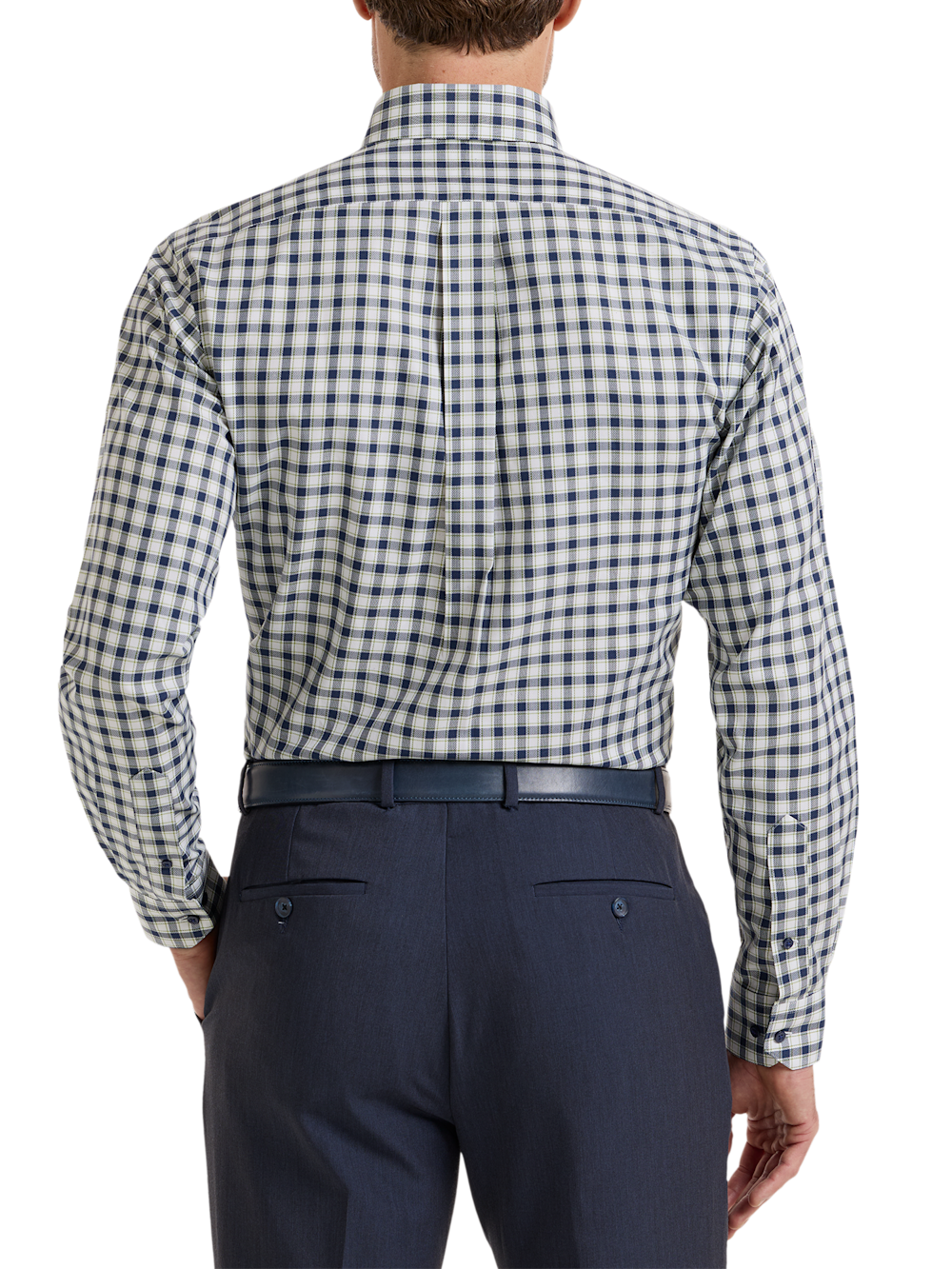 Alternate Shot of Men's Navy/Green Check Shirts Trim Inside Neckband  Inside Cuffs  Button Side Of Placket - 4