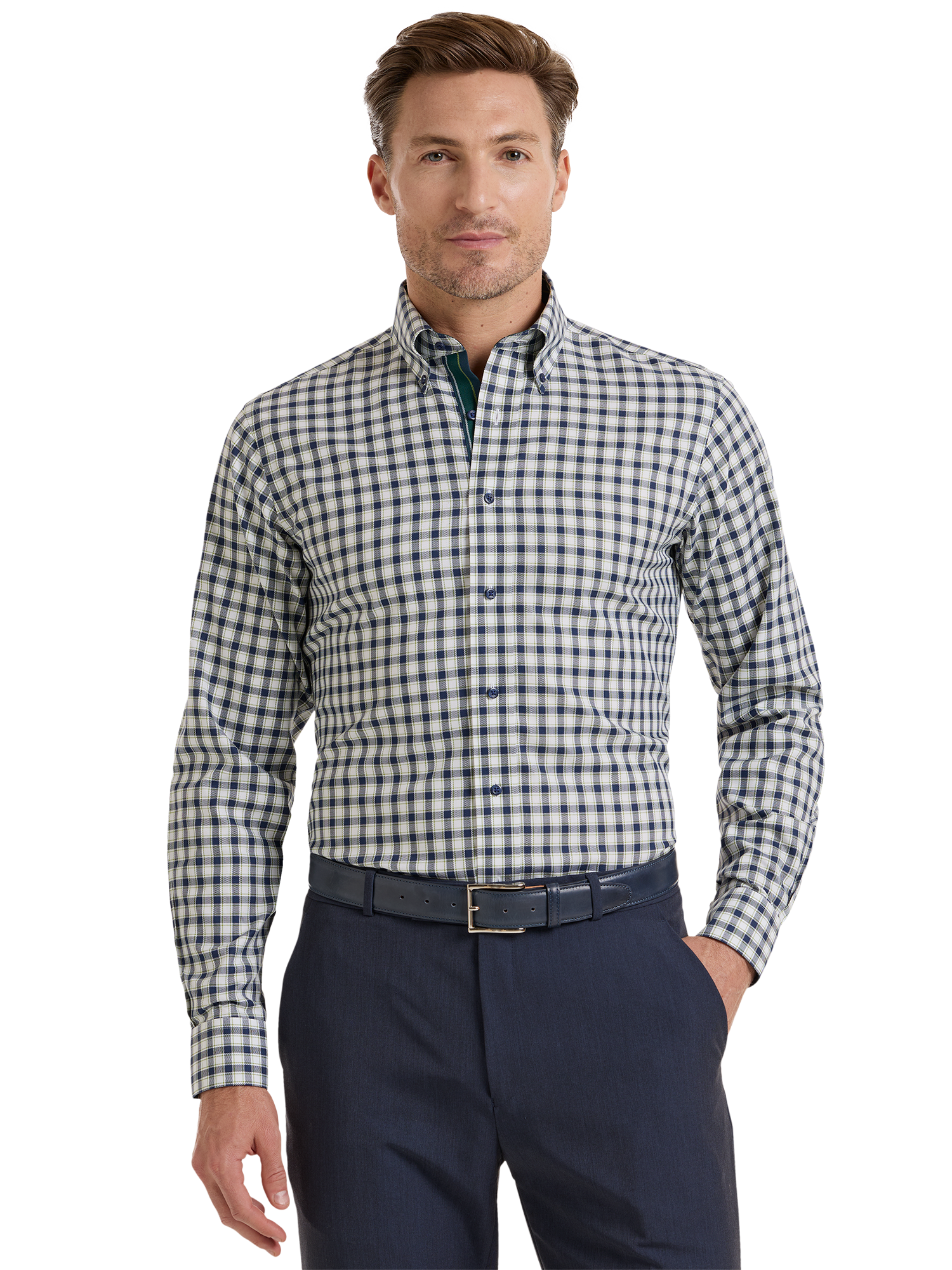 Non-Iron Cotton Check Dress Shirt With Contrast Trim - Navy/green