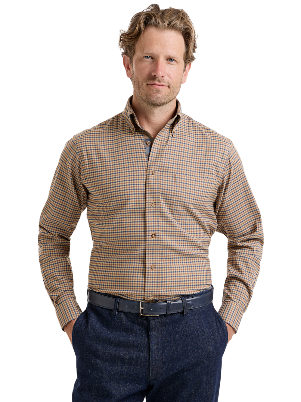 Alternate Shot of Men's Brown/Blue Check Shirts Trim Inside Neckband  Inside Cuffs  Button Side Of Placket - 1