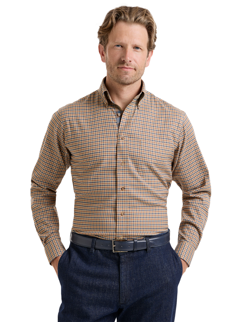 Alternate Shot of Men's Brown/Blue Check Shirts Trim Inside Neckband  Inside Cuffs  Button Side Of Placket