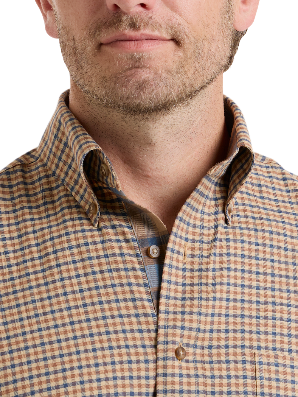 Alternate Shot of Men's Brown/Blue Check Shirts Trim Inside Neckband  Inside Cuffs  Button Side Of Placket - 2