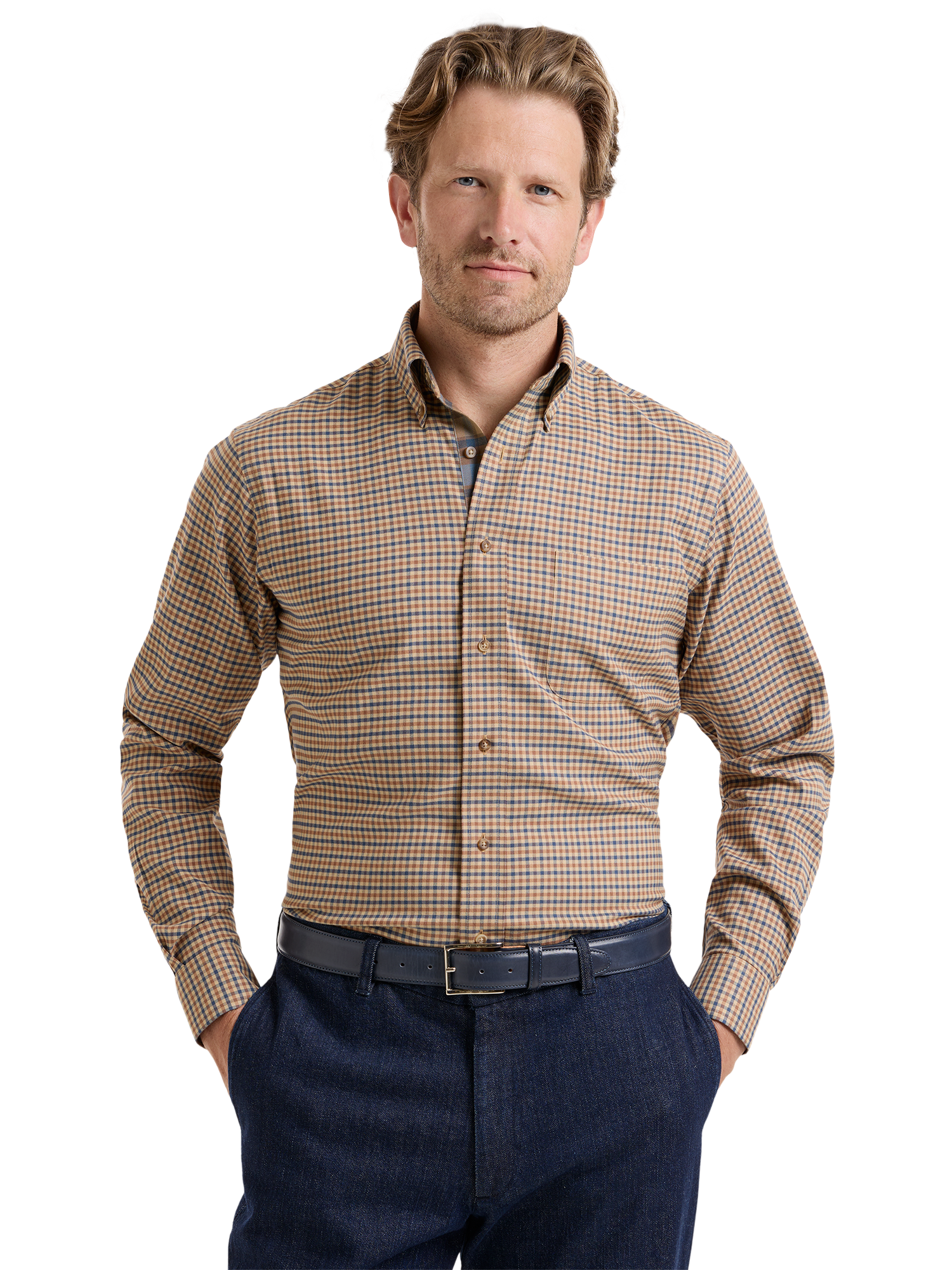 Non-Iron Thermolite Flannel Check Dress Shirt With Contrast Trim - Brown/blue