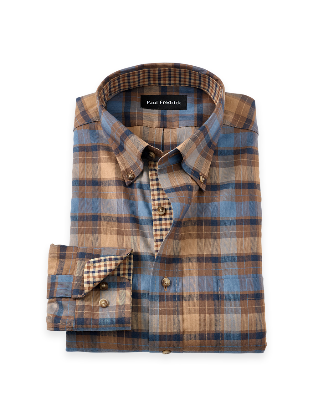 Men's Brown/Blue Plaid Shirts Trim Inside Neckband  Inside Cuffs  Button Side Of Placket