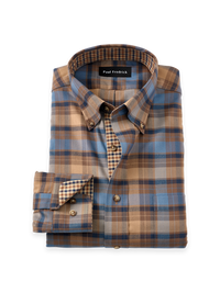 Non-Iron Thermolite Flannel Plaid Dress Shirt With Contrast Trim - Brown/blue
