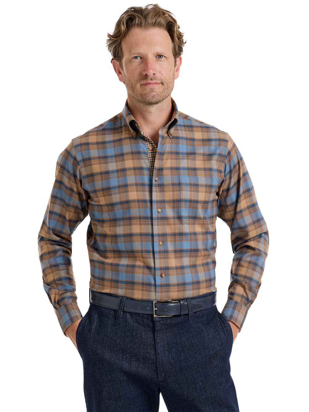 Alternate Shot of Men's Brown/Blue Plaid Shirts Trim Inside Neckband  Inside Cuffs  Button Side Of Placket - 1