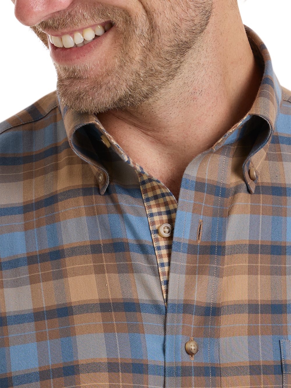 Alternate Shot of Men's Brown/Blue Plaid Shirts Trim Inside Neckband  Inside Cuffs  Button Side Of Placket - 2