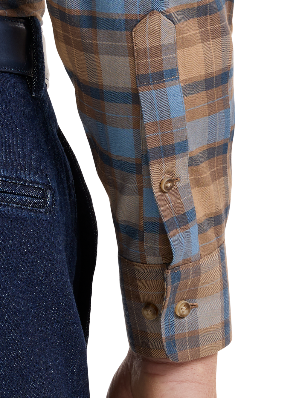 Alternate Shot of Men's Brown/Blue Plaid Shirts Trim Inside Neckband  Inside Cuffs  Button Side Of Placket - 3