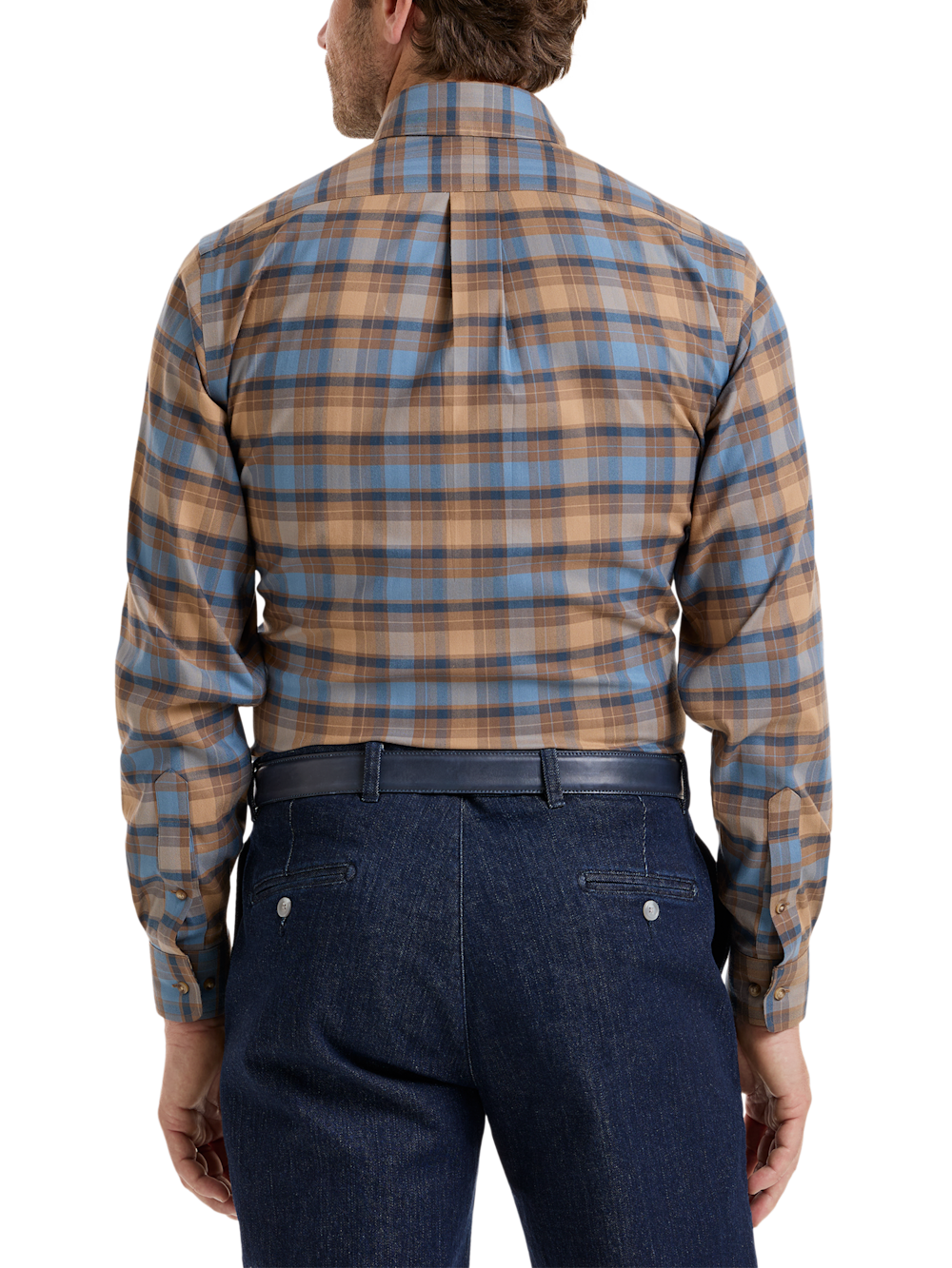 Alternate Shot of Men's Brown/Blue Plaid Shirts Trim Inside Neckband  Inside Cuffs  Button Side Of Placket - 4