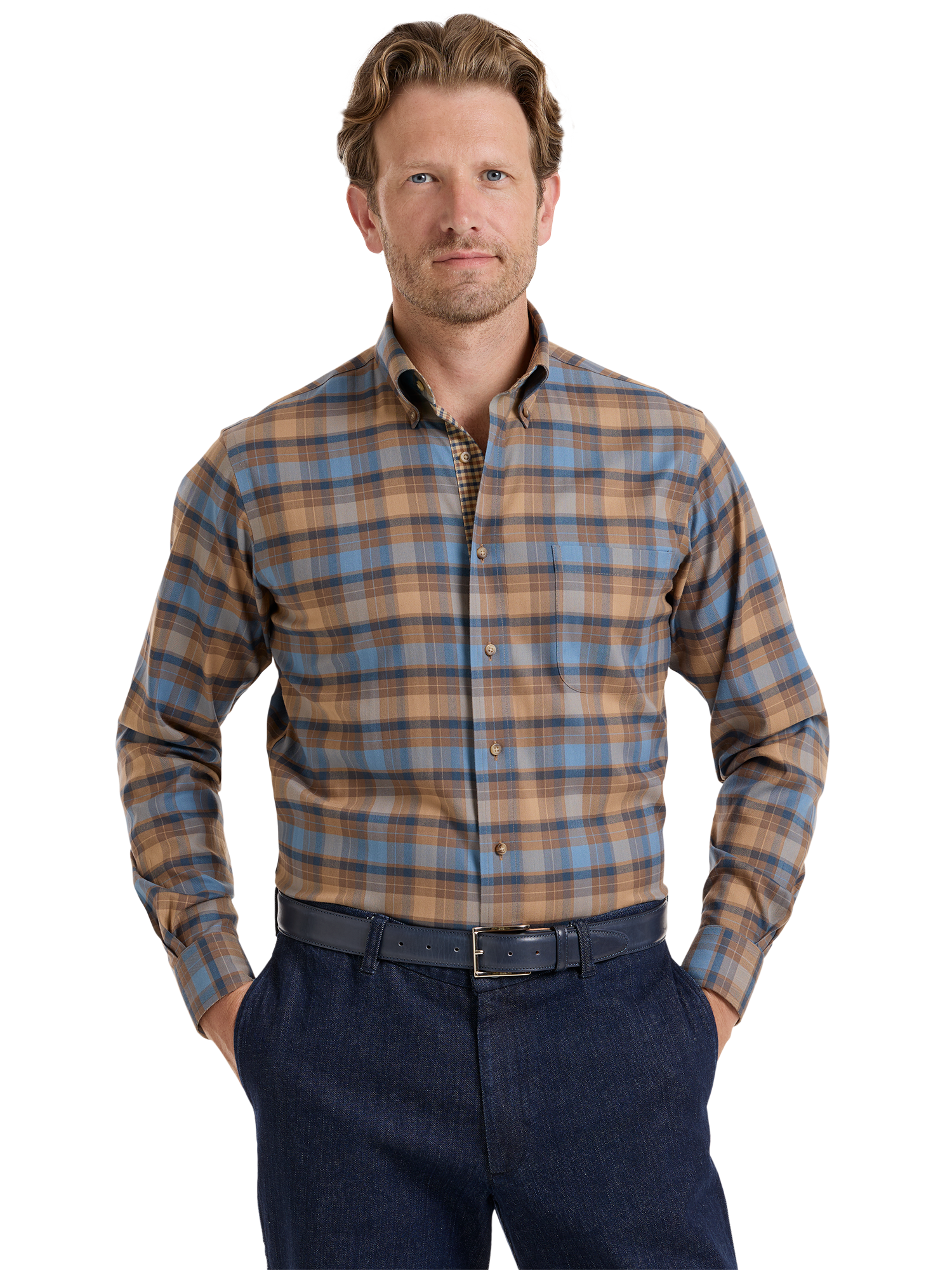 Non-Iron Thermolite Flannel Plaid Dress Shirt With Contrast Trim - Brown/blue