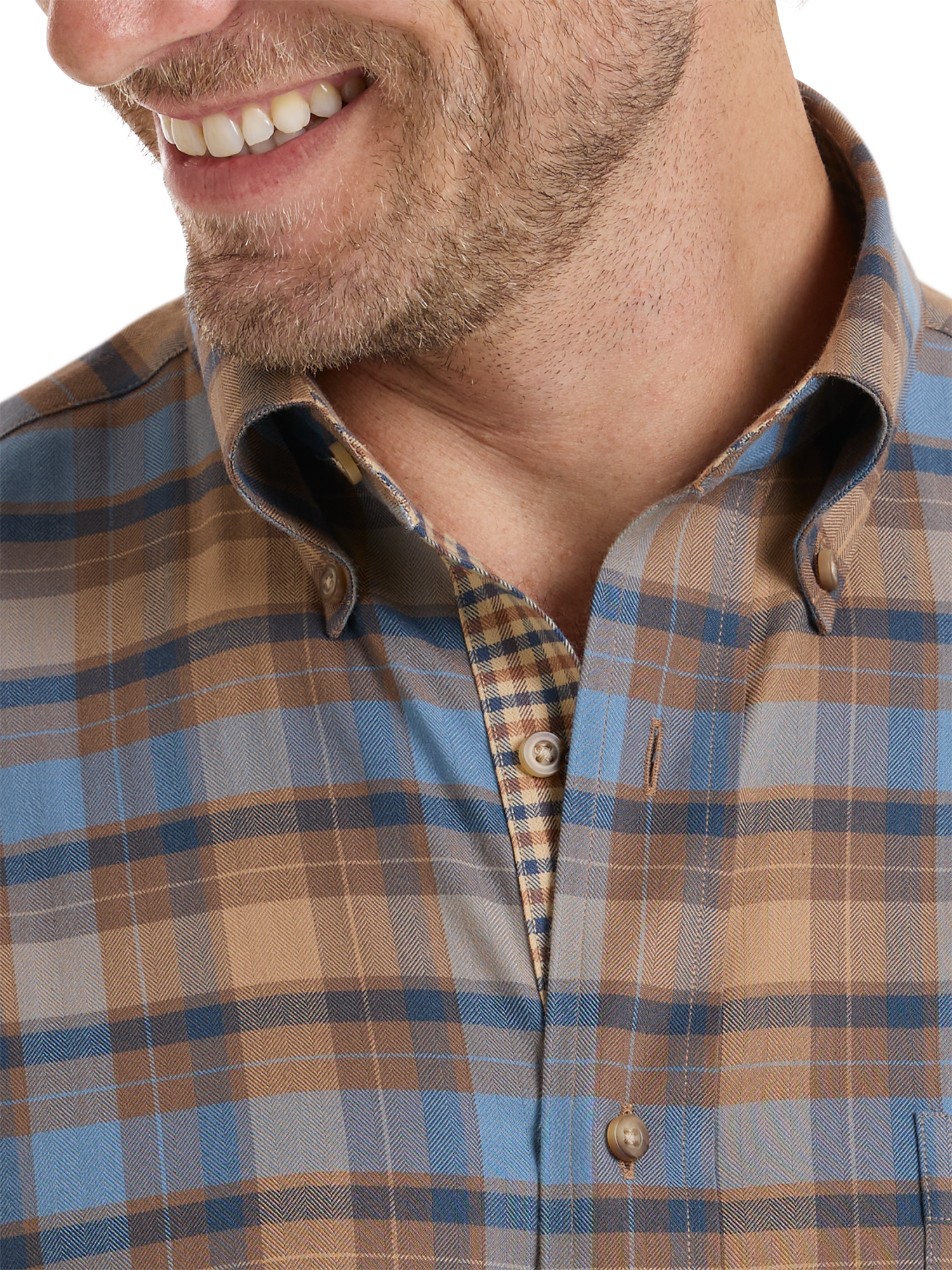 Non-Iron Thermolite Flannel Plaid Dress Shirt With Contrast Trim - Brown/blue