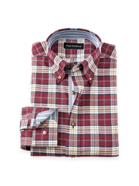 Non-Iron Thermolite Flannel Plaid Dress Shirt With Contrast Trim - Burgundy
