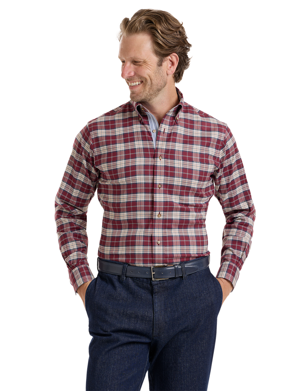 Alternate Shot of Men's Burgundy Plaid Shirts Trim Inside Neckband  Inside Cuffs  Button Side Of Placket - 1