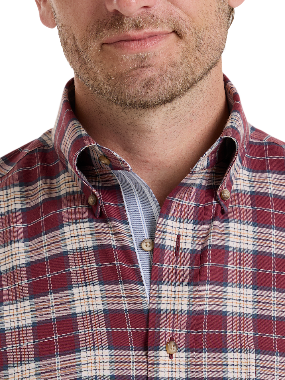 Alternate Shot of Men's Burgundy Plaid Shirts Trim Inside Neckband  Inside Cuffs  Button Side Of Placket - 2