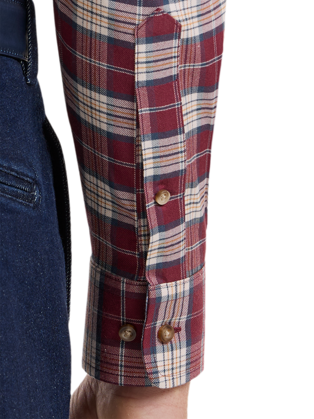 Alternate Shot of Men's Burgundy Plaid Shirts Trim Inside Neckband  Inside Cuffs  Button Side Of Placket - 3