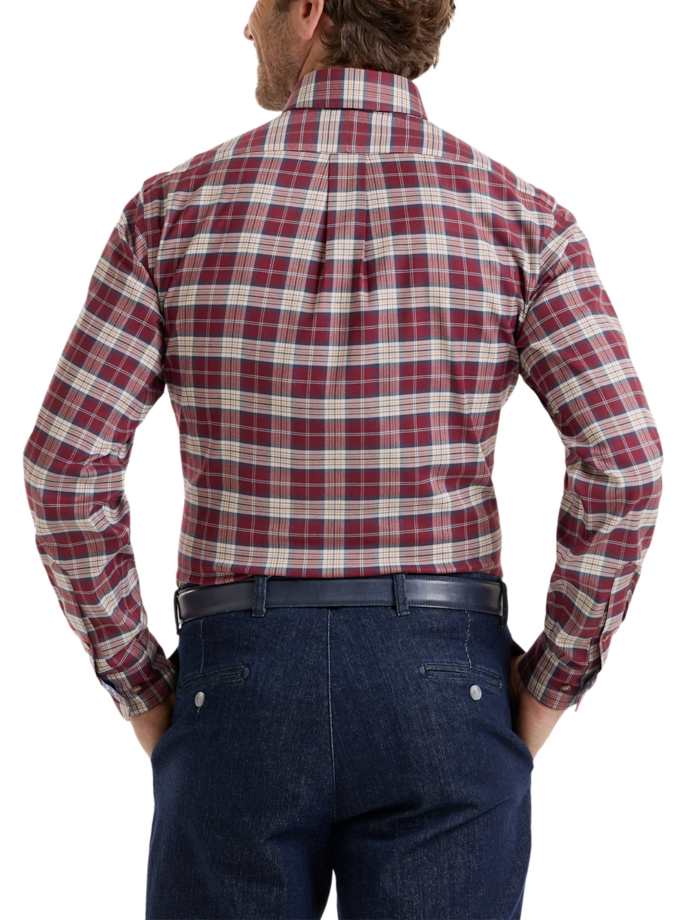 Alternate Shot of Men's Burgundy Plaid Shirts Trim Inside Neckband  Inside Cuffs  Button Side Of Placket - 4