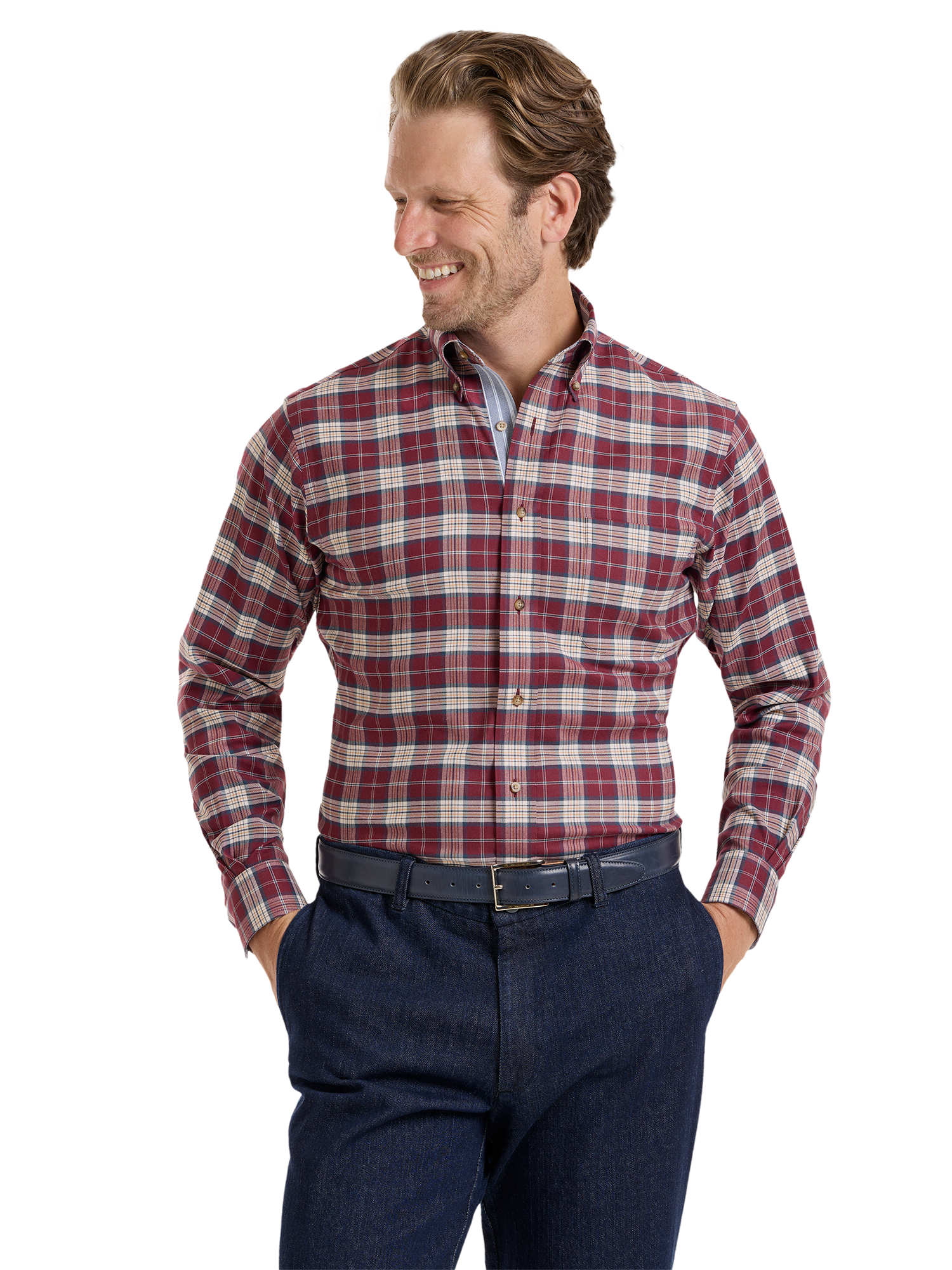 Non-Iron Thermolite Flannel Plaid Dress Shirt With Contrast Trim - Burgundy