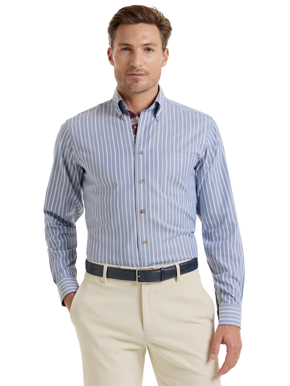 Alternate Shot of Men's Blue Stripe Shirts Trim Inside Neckband  Inside Cuffs  Button Side Of Placket - 1