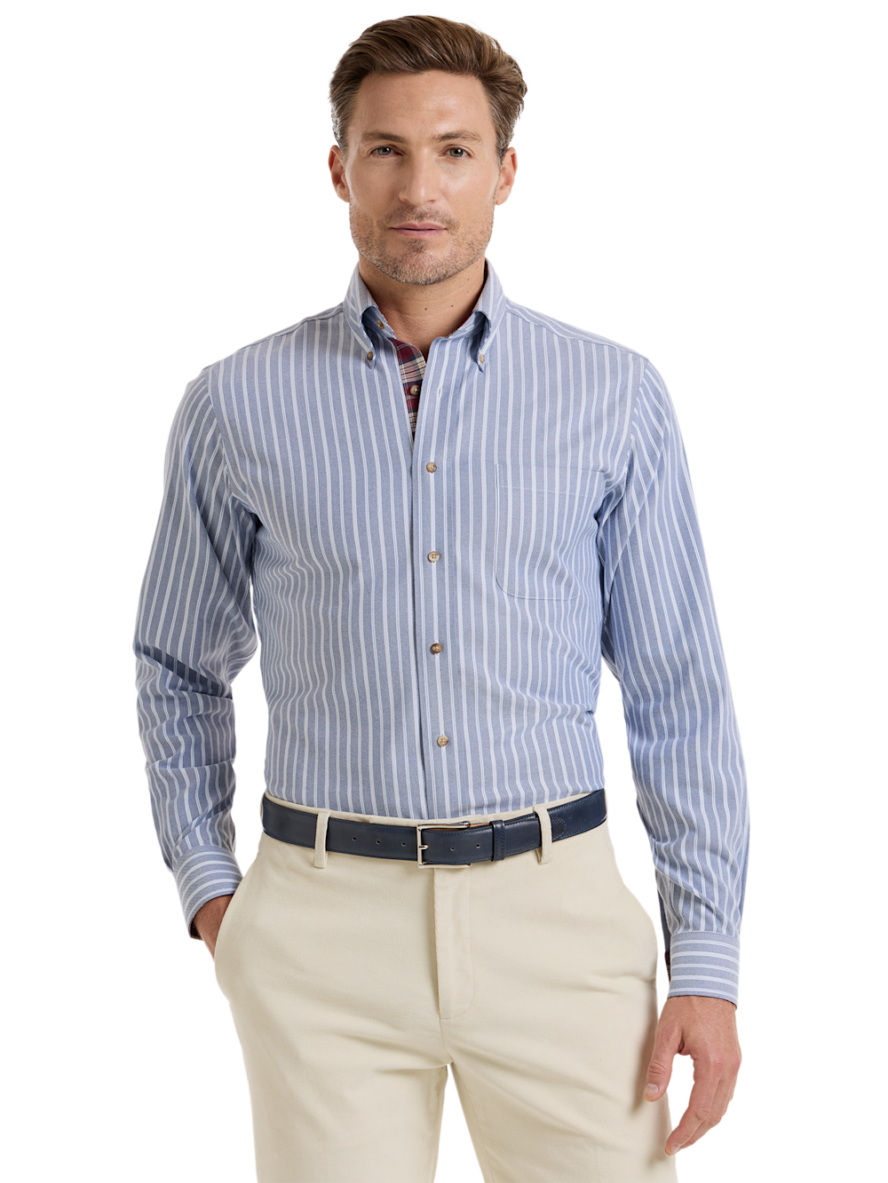 Alternate Shot of Men's Blue Stripe Shirts Trim Inside Neckband  Inside Cuffs  Button Side Of Placket - 1