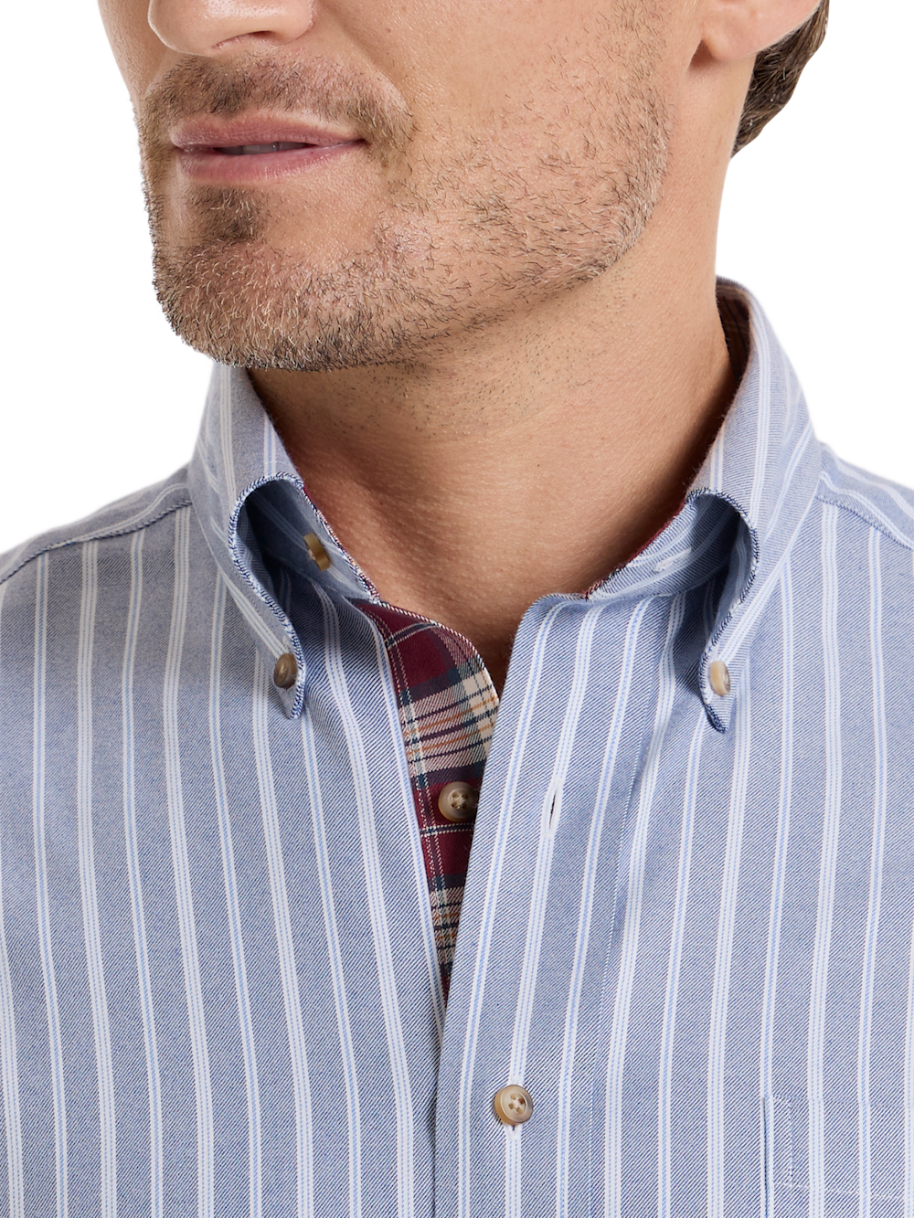 Alternate Shot of Men's Blue Stripe Shirts Trim Inside Neckband  Inside Cuffs  Button Side Of Placket - 2