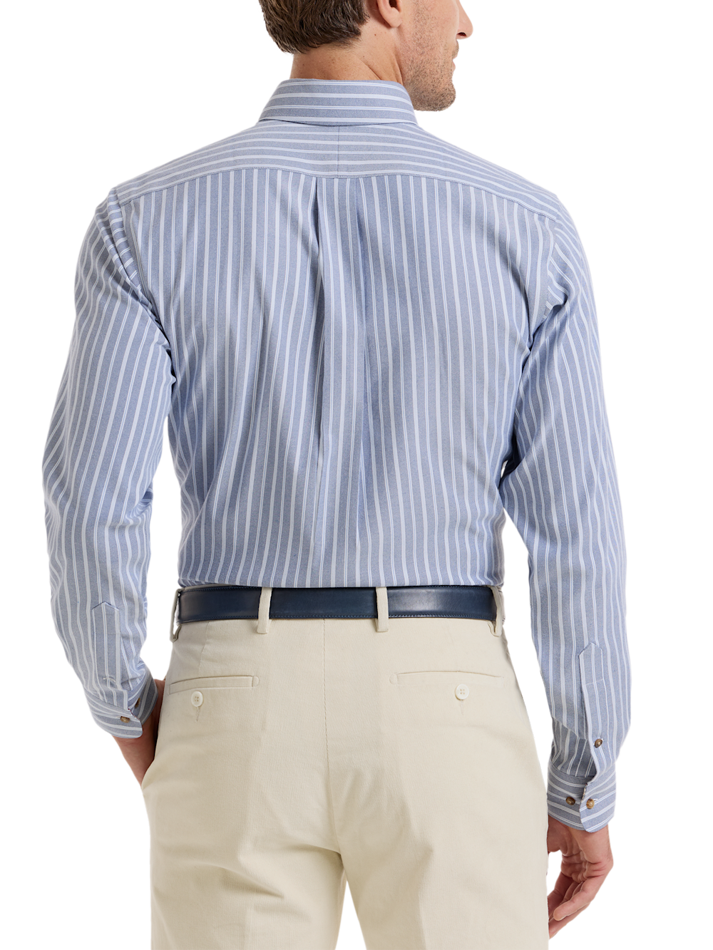 Alternate Shot of Men's Blue Stripe Shirts Trim Inside Neckband  Inside Cuffs  Button Side Of Placket - 4