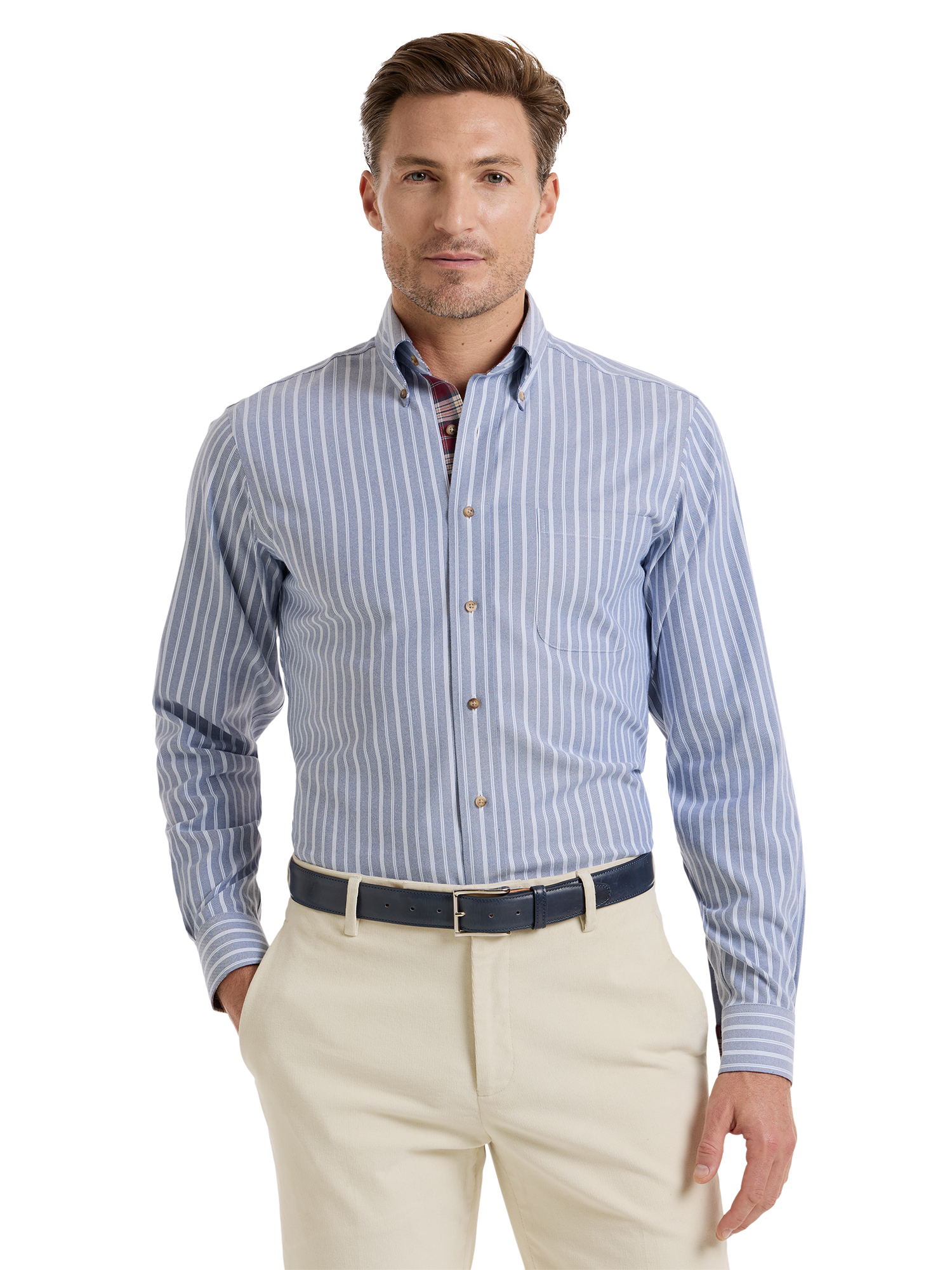 Non-Iron Thermolite Flannel Stripe Dress Shirt With Contrast Trim - Blue