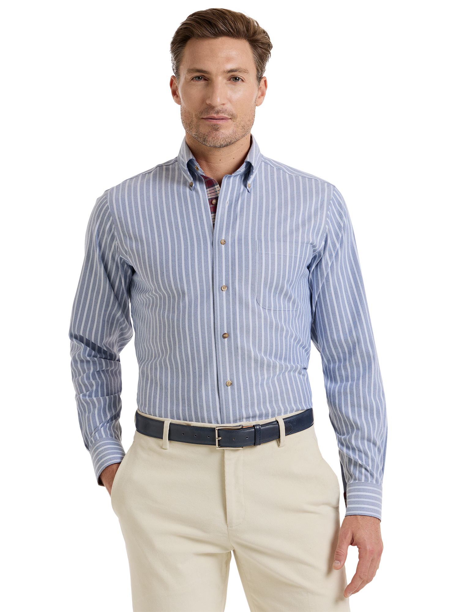Non-Iron Thermolite Flannel Stripe Dress Shirt With Contrast Trim - Blue