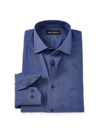 Non-Iron Comfort Stretch Denim Solid Dress Shirt With Contrast Trim - Blue