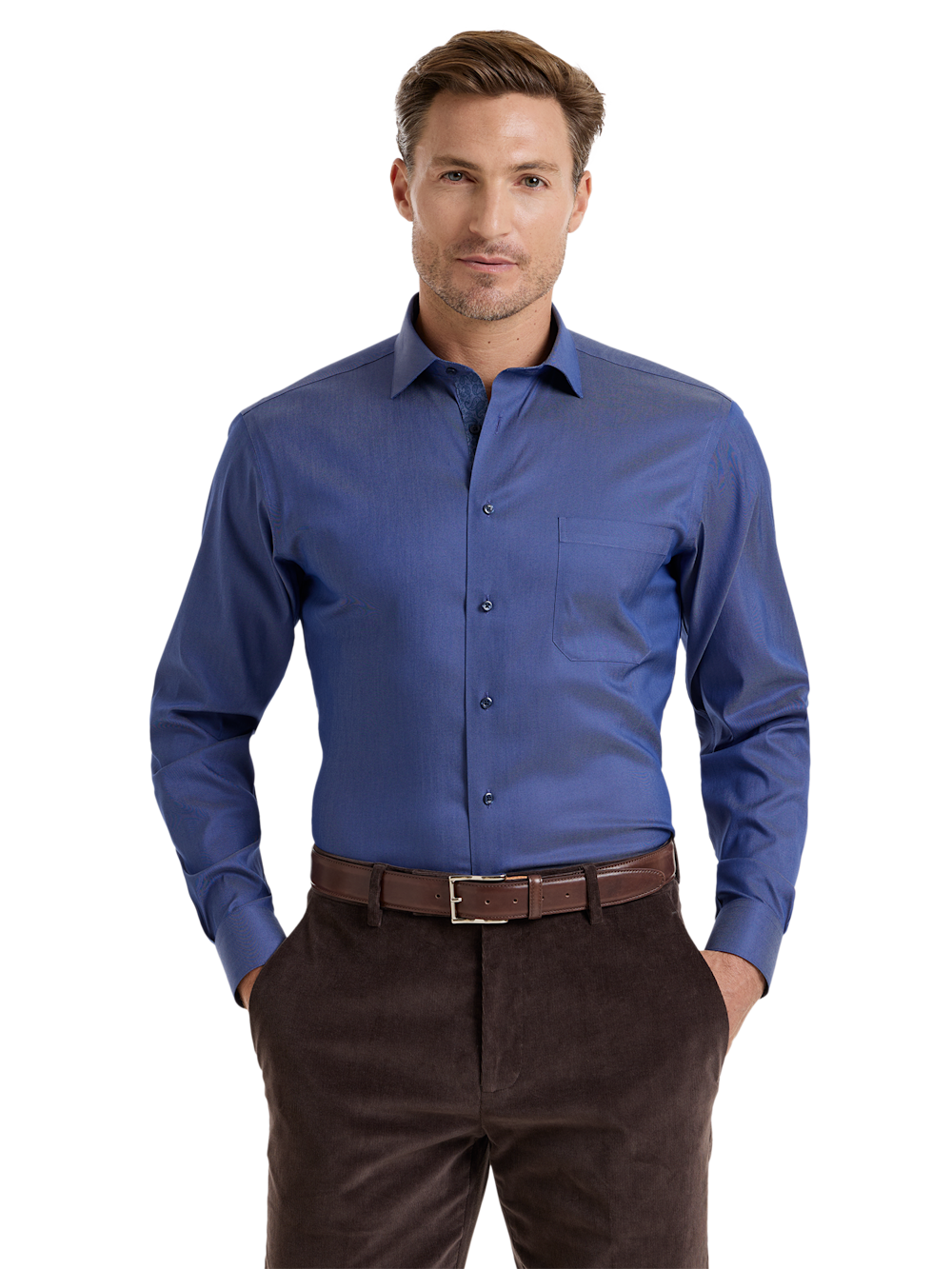 Alternate Shot of Men's Blue Solid Shirts Trim Inside Neckband  Inside Cuffs  Button Side Of Placket - 1