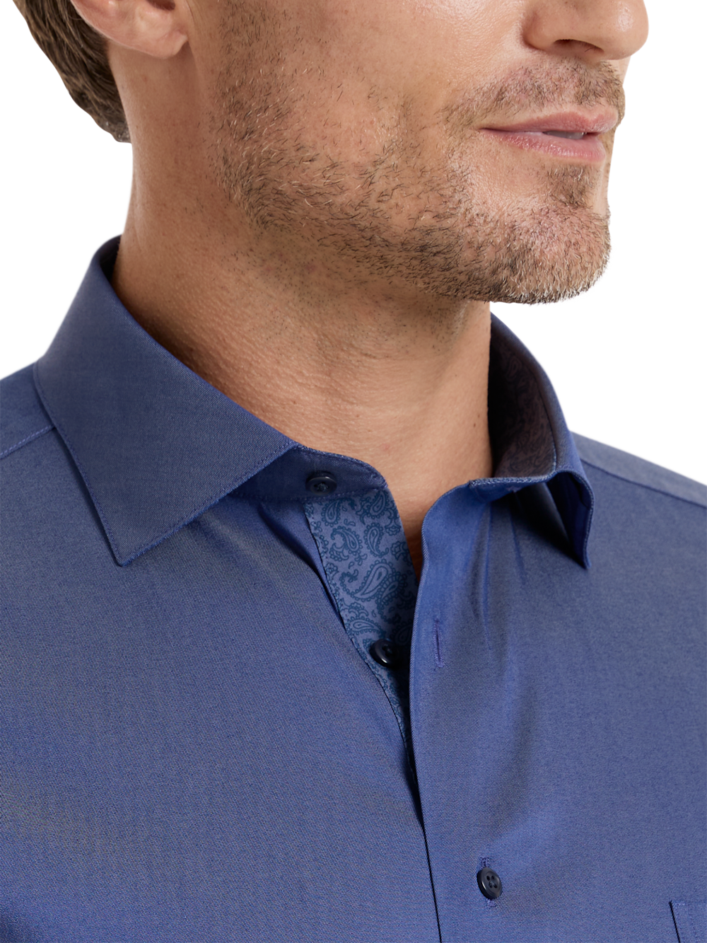 Alternate Shot of Men's Blue Solid Shirts Trim Inside Neckband  Inside Cuffs  Button Side Of Placket - 2