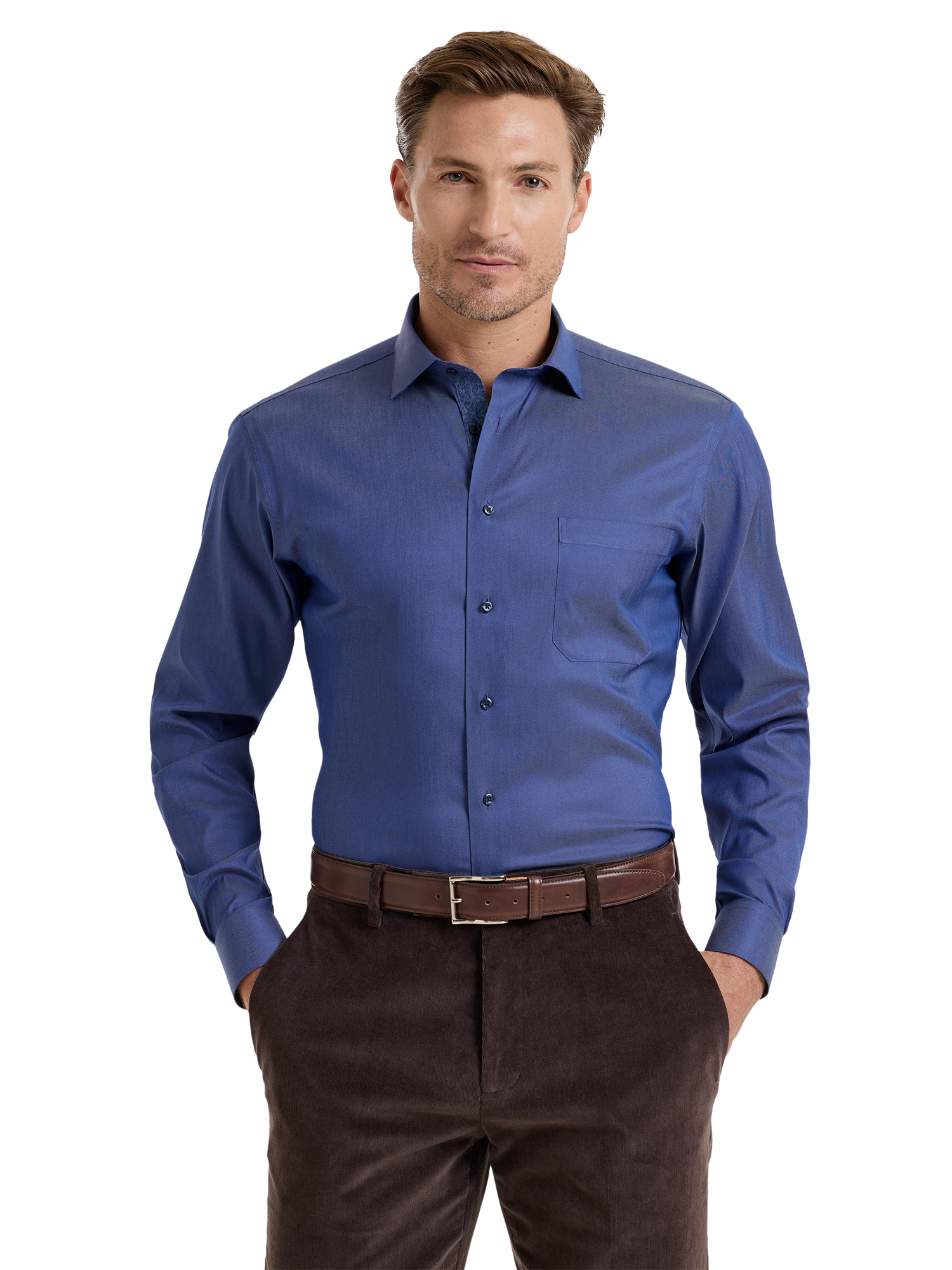 Comfort Stretch Non-Iron Denim Solid Dress Shirt With Contrast Trim - Blue