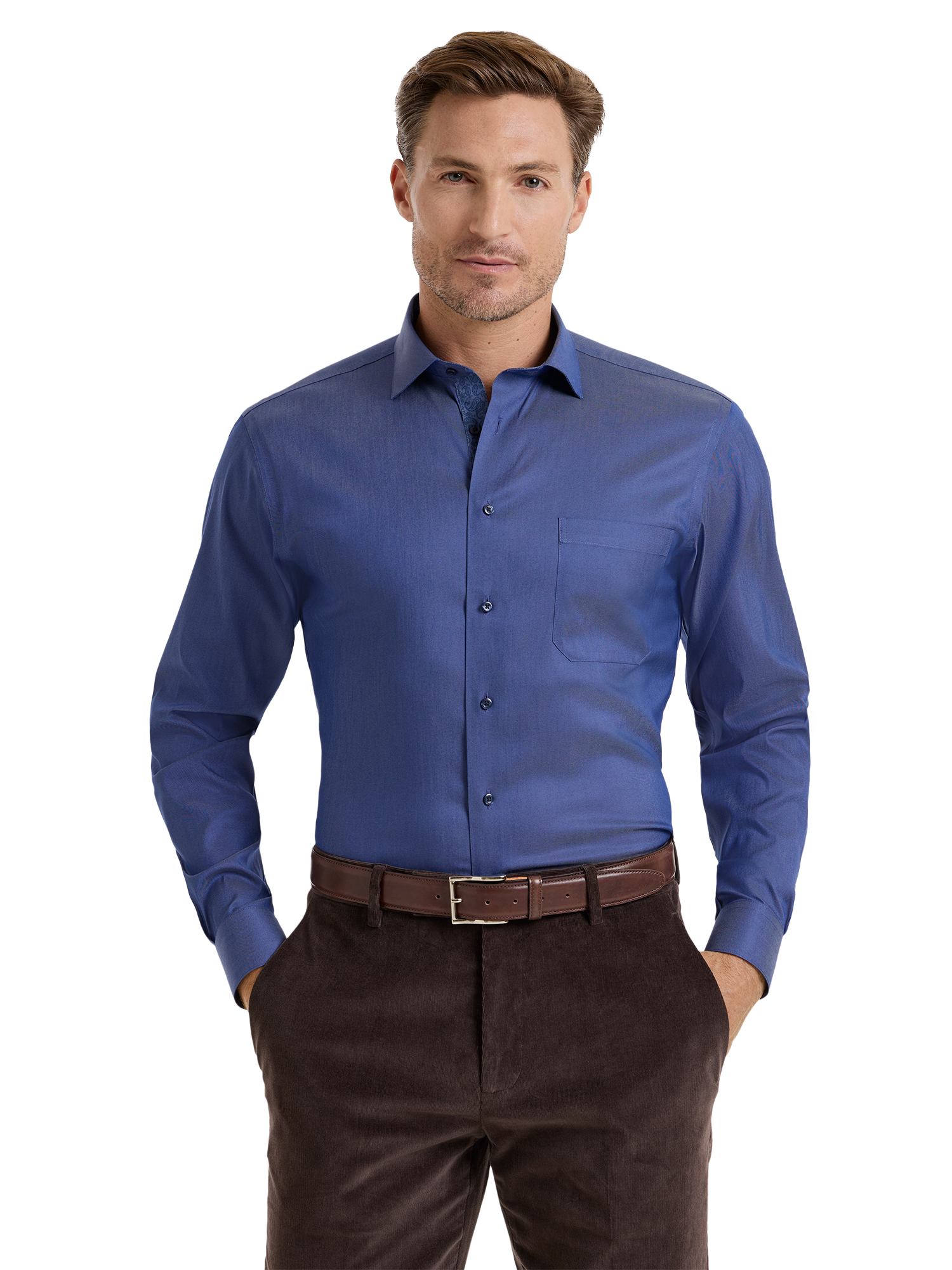 Comfort Stretch Non-Iron Denim Solid Dress Shirt With Contrast Trim - Blue