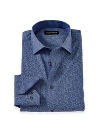Non-Iron Comfort Stretch Denim Paisley Dress Shirt With Contrast Trim - Blue