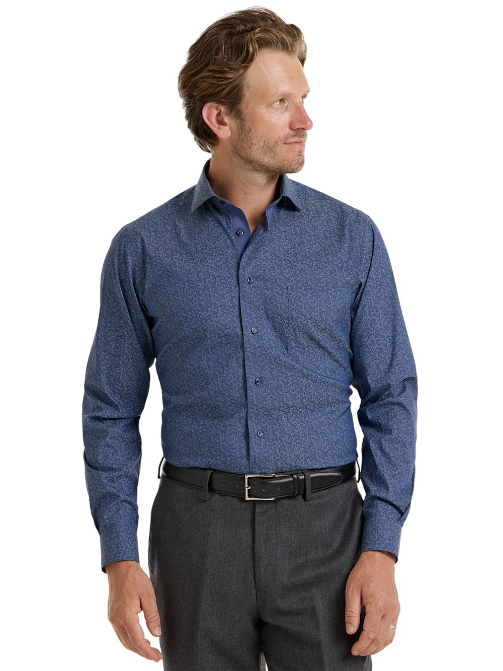 Alternate Shot of Men's Blue Paisley Pattern Shirts Trim Inside Neckband  Inside Cuffs  Button Side Of Placket - 1