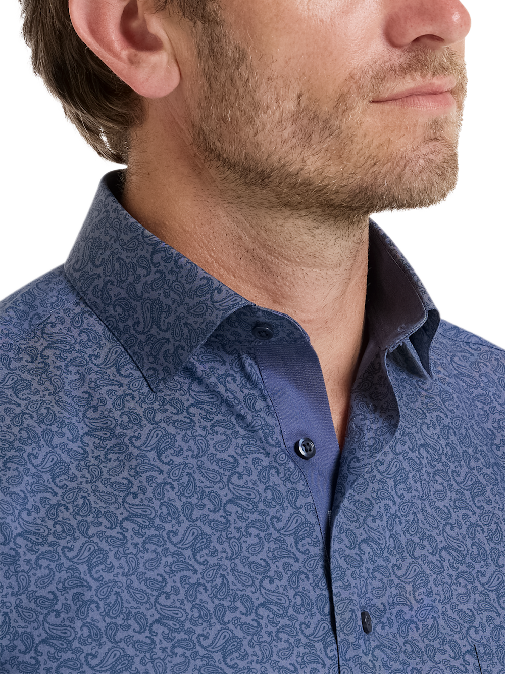 Alternate Shot of Men's Blue Paisley Pattern Shirts Trim Inside Neckband  Inside Cuffs  Button Side Of Placket - 2